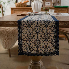 Pastoral Printed Viscose Table Runner with Lace Detail