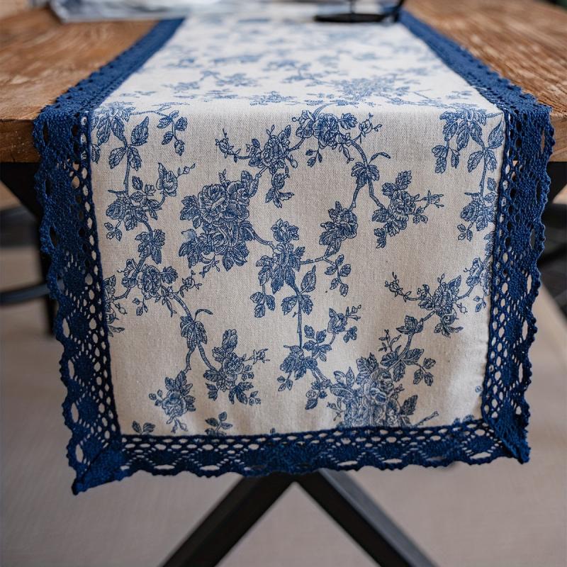 Pastoral Printed Viscose Table Runner with Lace Detail