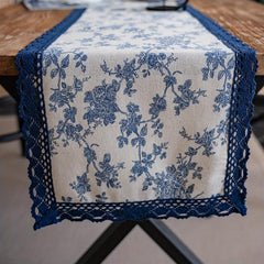 Pastoral Printed Viscose Table Runner with Lace Detail