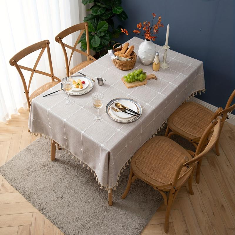 Polyester Tablecloth Nordic Grid Linen with Tassel Lace - Home Decor