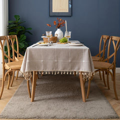 Polyester Tablecloth Nordic Grid Linen with Tassel Lace - Home Decor