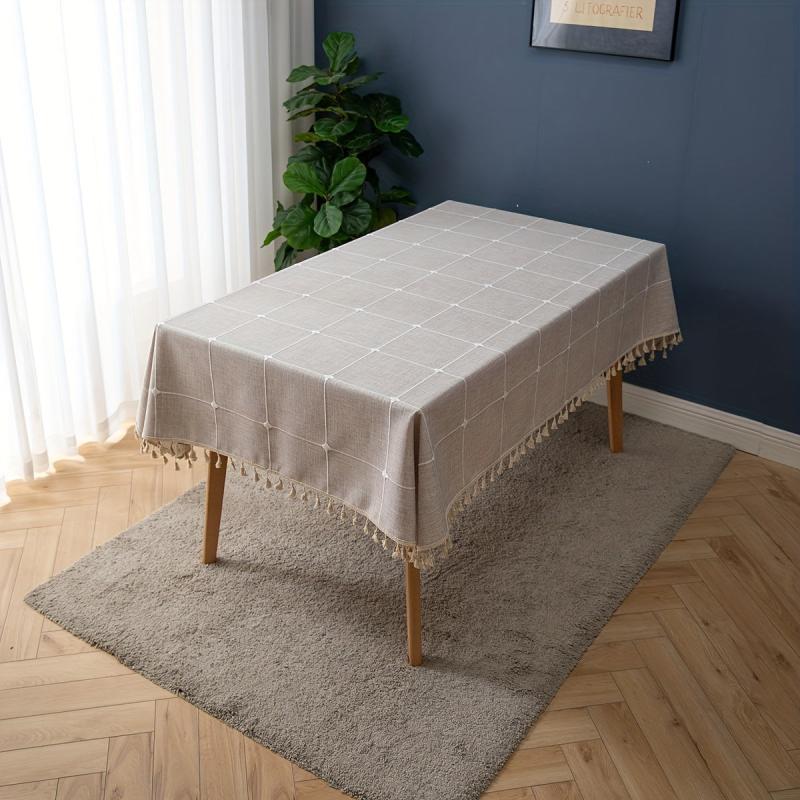 Polyester Tablecloth Nordic Grid Linen with Tassel Lace - Home Decor