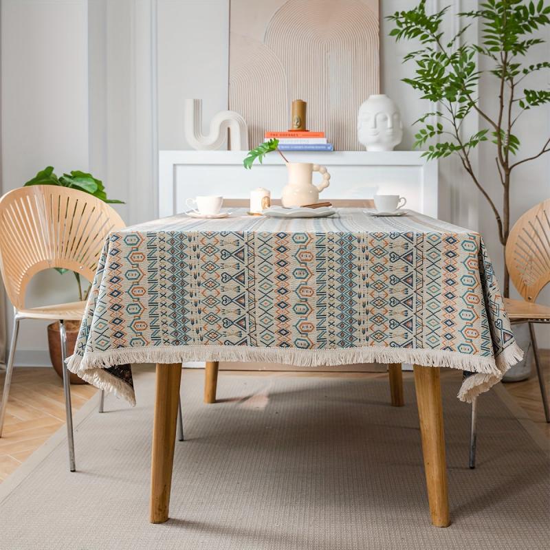 Ethnic Geometric Pattern Colorful Tablecloth Fringed Square Table Cover