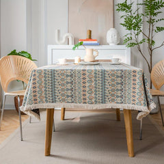Ethnic Geometric Pattern Colorful Tablecloth Fringed Square Table Cover