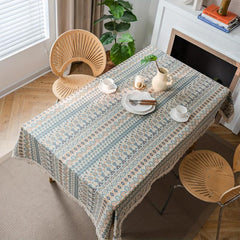 Ethnic Geometric Pattern Colorful Tablecloth Fringed Square Table Cover
