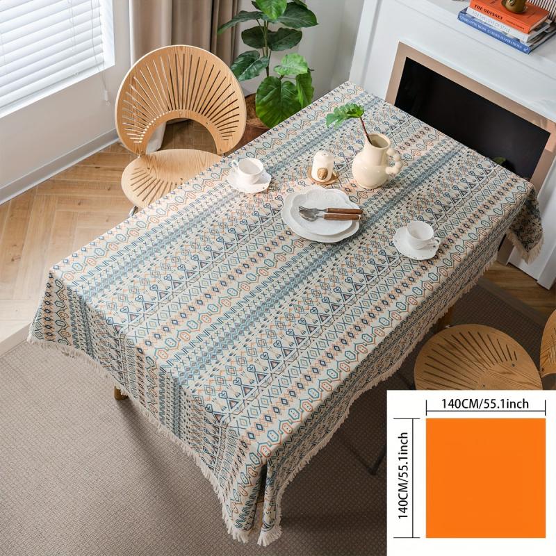 Ethnic Geometric Pattern Colorful Tablecloth Fringed Square Table Cover