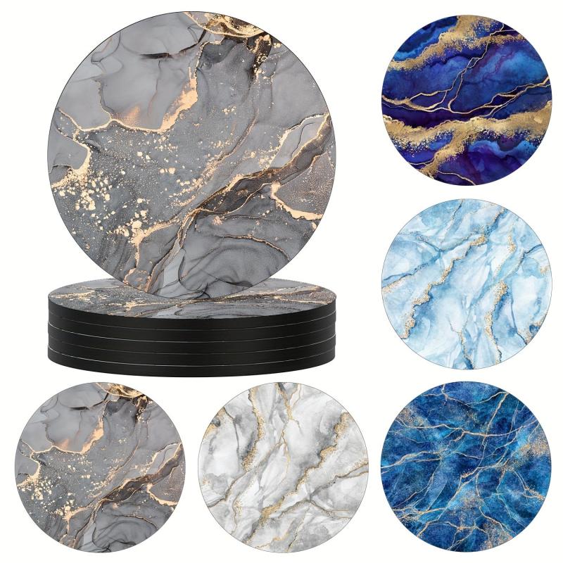 Watercolor Marbling Coasters Set - 6 Round Absorbent Rubber Drink Coasters