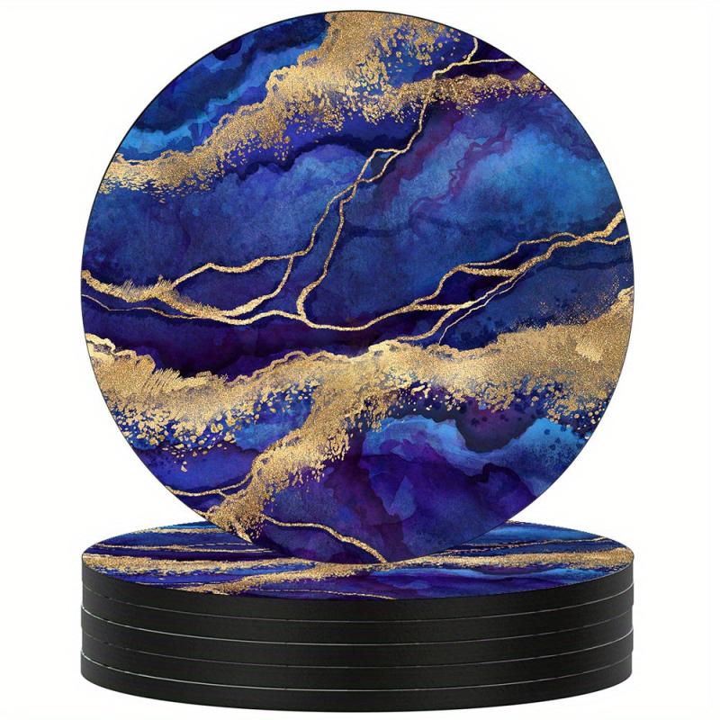 Watercolor Marbling Coasters Set - 6 Round Absorbent Rubber Drink Coasters
