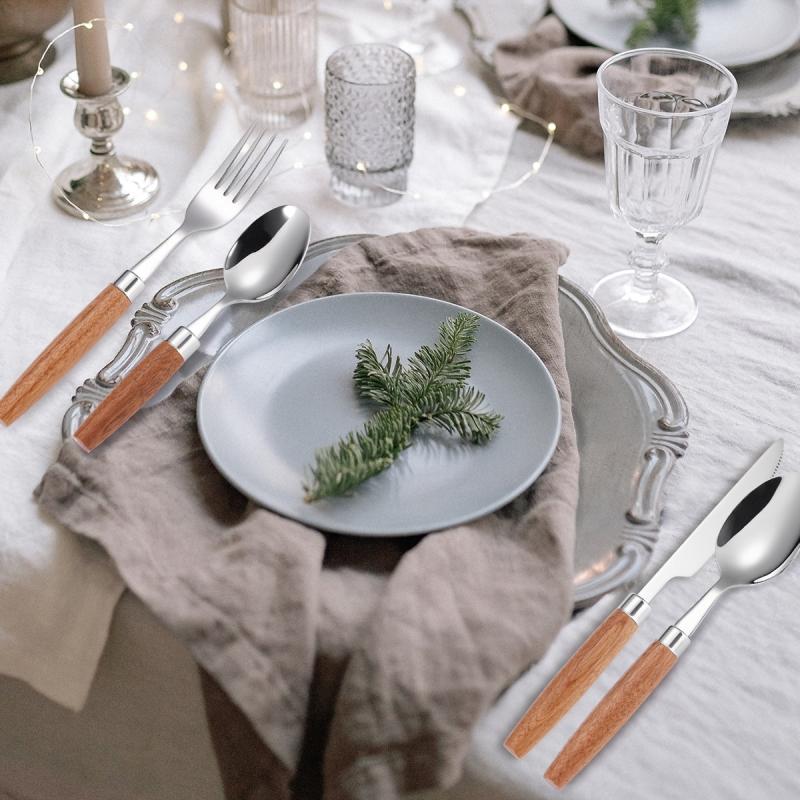 Stainless Steel Tableware Set with Wooden Handles - Durable Dinnerware