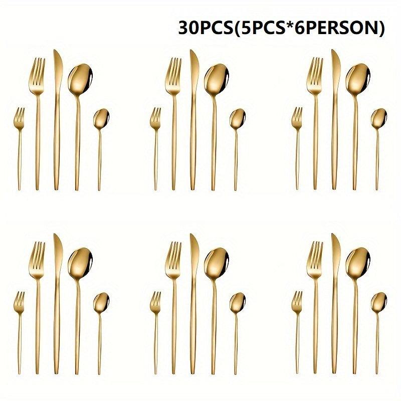 24pcs Stainless Steel Golden Flatware Set, Portuguese Dinnerware Silverware