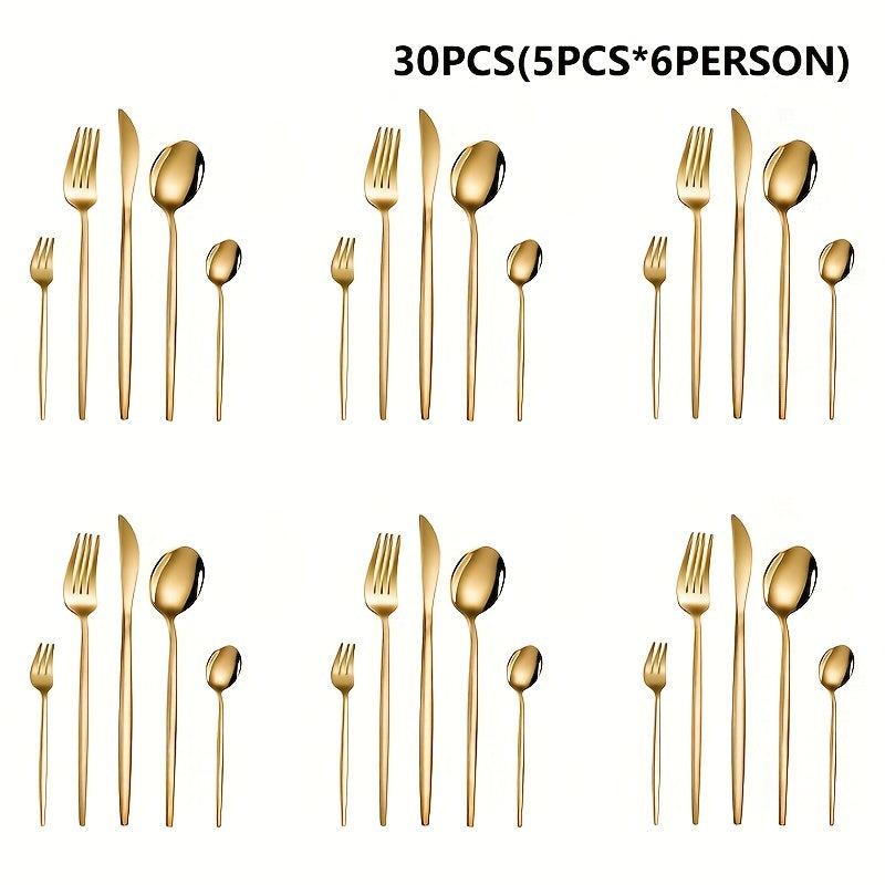 24pcs Stainless Steel Golden Flatware Set, Portuguese Dinnerware Silverware