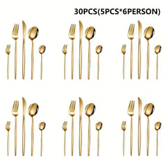 24pcs Stainless Steel Golden Flatware Set, Portuguese Dinnerware Silverware