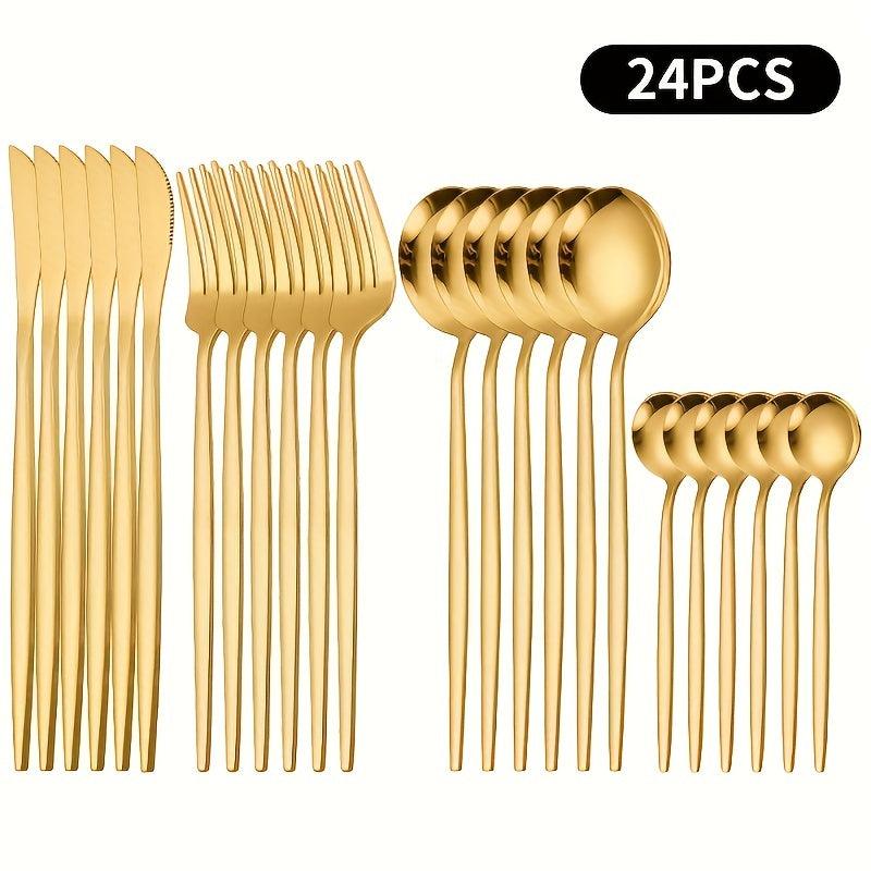 24pcs Stainless Steel Golden Flatware Set, Portuguese Dinnerware Silverware