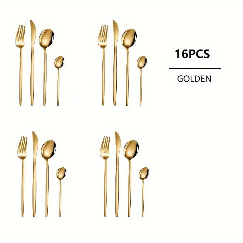 24pcs Stainless Steel Golden Flatware Set, Portuguese Dinnerware Silverware