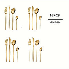 24pcs Stainless Steel Golden Flatware Set, Portuguese Dinnerware Silverware