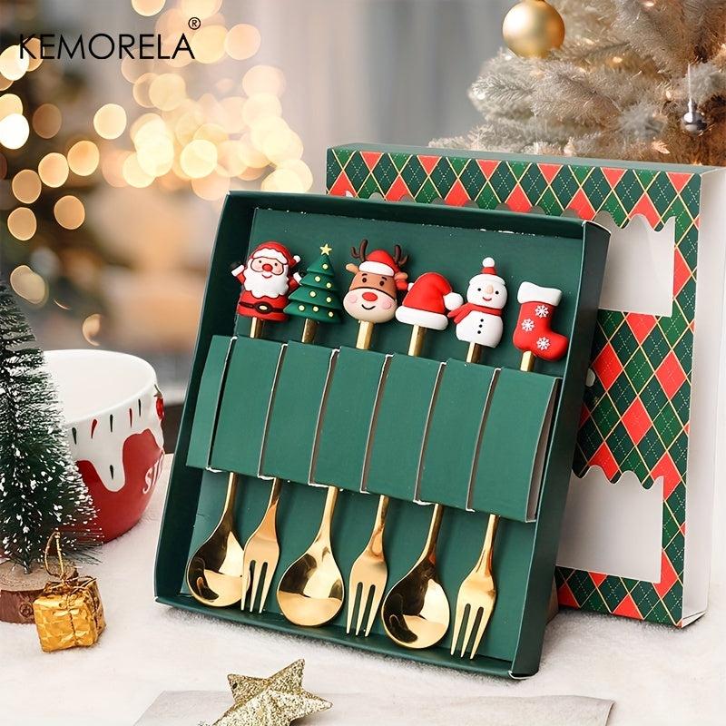 6PCS Christmas Fork And Spoon Set Stainless Steel Tableware Gift Set
