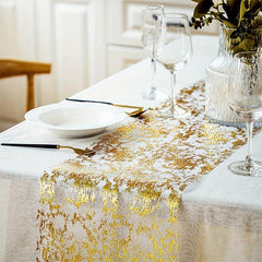 Linen Table Runner Metallic Golden Foil Mesh Table Flag Wedding Decor