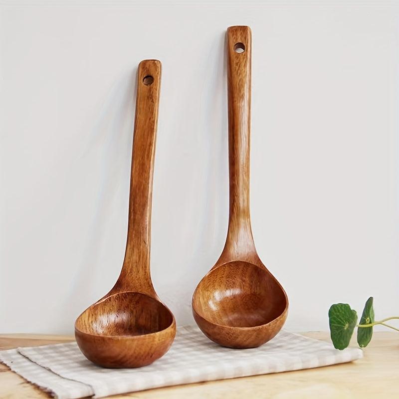 Natural Wooden Ladle Non Stick Straight Long Handle Ladle Cookware