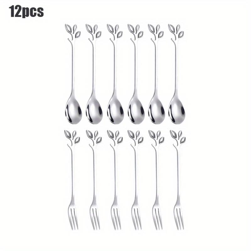 12pcs Stainless Steel Leaf Coffee Spoon Appetizer Fork Tableware Dessert Spoon
