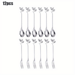 12pcs Stainless Steel Leaf Coffee Spoon Appetizer Fork Tableware Dessert Spoon