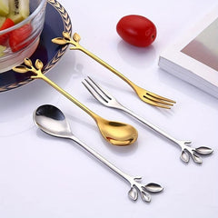 12pcs Stainless Steel Leaf Coffee Spoon Appetizer Fork Tableware Dessert Spoon