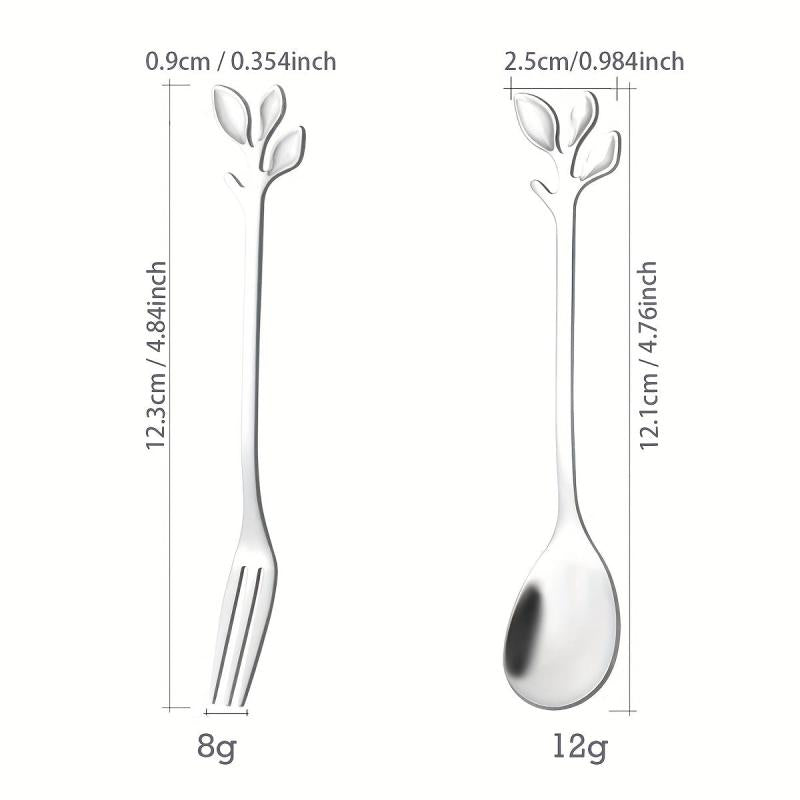 12pcs Stainless Steel Leaf Coffee Spoon Appetizer Fork Tableware Dessert Spoon