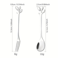 12pcs Stainless Steel Leaf Coffee Spoon Appetizer Fork Tableware Dessert Spoon