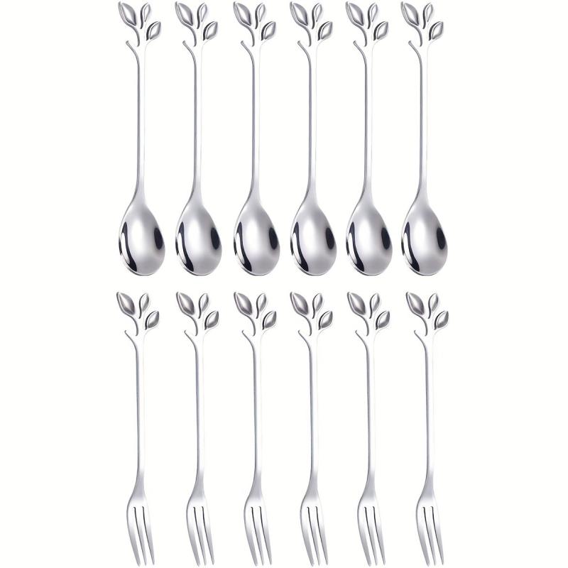 12pcs Stainless Steel Leaf Coffee Spoon Appetizer Fork Tableware Dessert Spoon