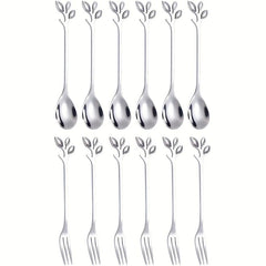 12pcs Stainless Steel Leaf Coffee Spoon Appetizer Fork Tableware Dessert Spoon