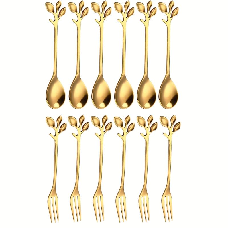 12pcs Stainless Steel Leaf Coffee Spoon Appetizer Fork Tableware Dessert Spoon