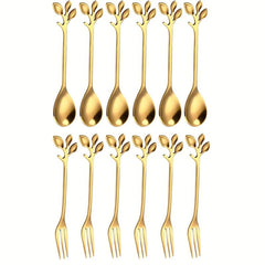 12pcs Stainless Steel Leaf Coffee Spoon Appetizer Fork Tableware Dessert Spoon