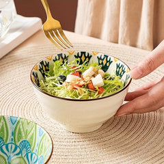 8pcs 11oz Ceramic Rice Bowl Set Floral Pattern Microwave Safe Kit