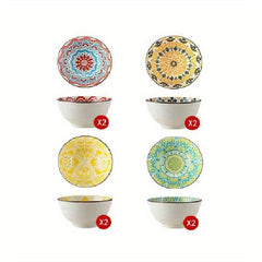 8pcs 11oz Ceramic Rice Bowl Set Floral Pattern Microwave Safe Kit
