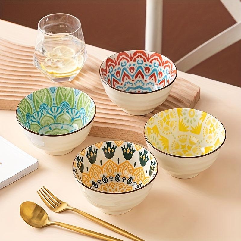 8pcs 11oz Ceramic Rice Bowl Set Floral Pattern Microwave Safe Kit