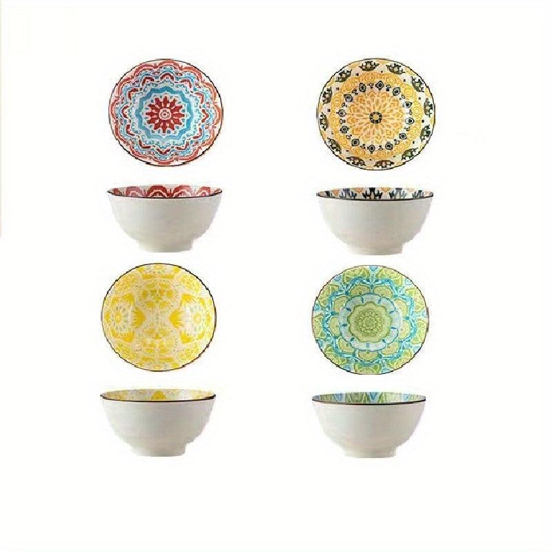 8pcs 11oz Ceramic Rice Bowl Set Floral Pattern Microwave Safe Kit