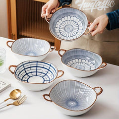 Ceramic Retro Style Two Ear Bowl High Beauty Noodle Bowl for Salad Fruit Pasta