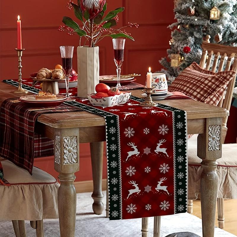 Christmas Table Runner Plaid Snowflake Elk Xmas Kitchen Dining Vintage Winter