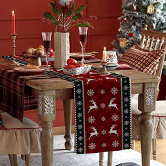 Christmas Table Runner Plaid Snowflake Elk Xmas Kitchen Dining Vintage Winter