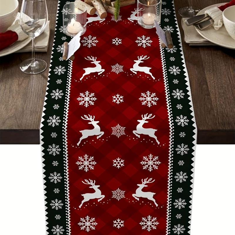 Christmas Table Runner Plaid Snowflake Elk Xmas Kitchen Dining Vintage Winter