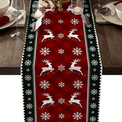 Christmas Table Runner Plaid Snowflake Elk Xmas Kitchen Dining Vintage Winter