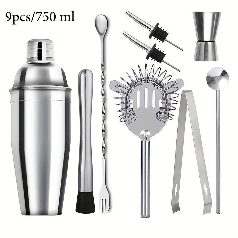 9pcs Bartender Kit 750ml Stainless Steel Cocktail Shaker Set for Bar Pub Club