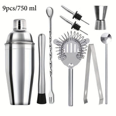9pcs Bartender Kit 750ml Stainless Steel Cocktail Shaker Set for Bar Pub Club