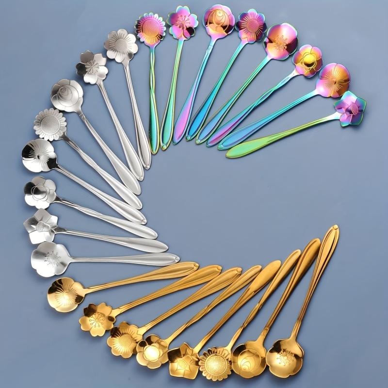 8pcs Stainless Steel Soup Spoon Floral Pattern Dessert Sppons
