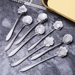 8pcs Stainless Steel Soup Spoon Floral Pattern Dessert Sppons