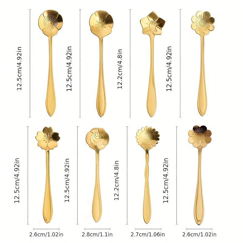 8pcs Stainless Steel Soup Spoon Floral Pattern Dessert Sppons