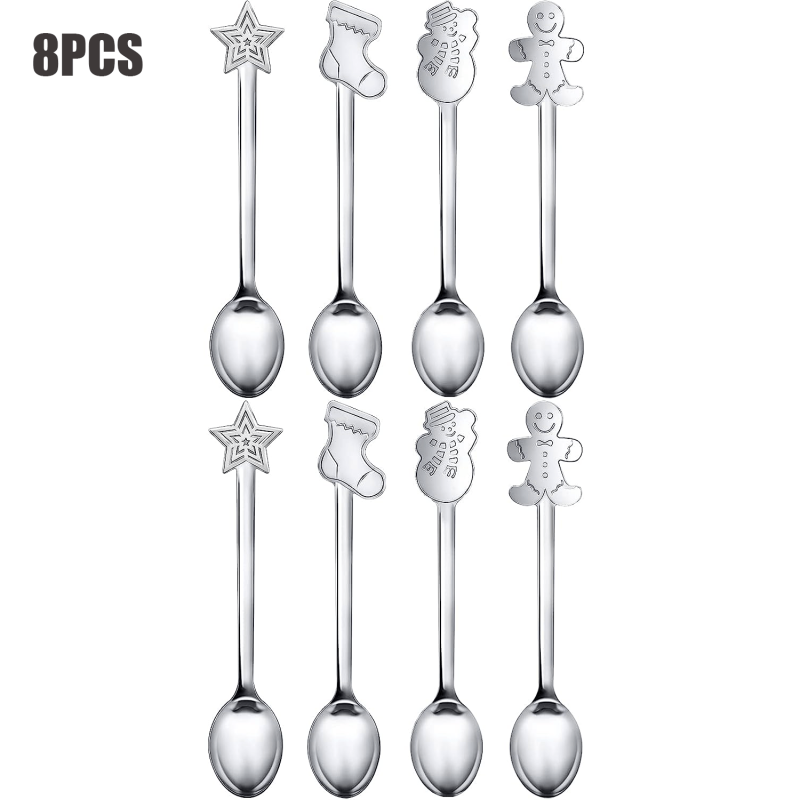 8pcs Christmas Spoon Set Stainless Steel for Drink Mixing Milkshake and Jam