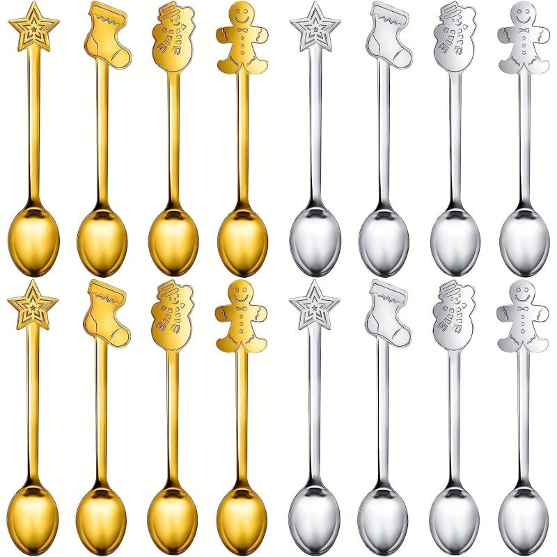 8pcs Christmas Spoon Set Stainless Steel for Drink Mixing Milkshake and Jam