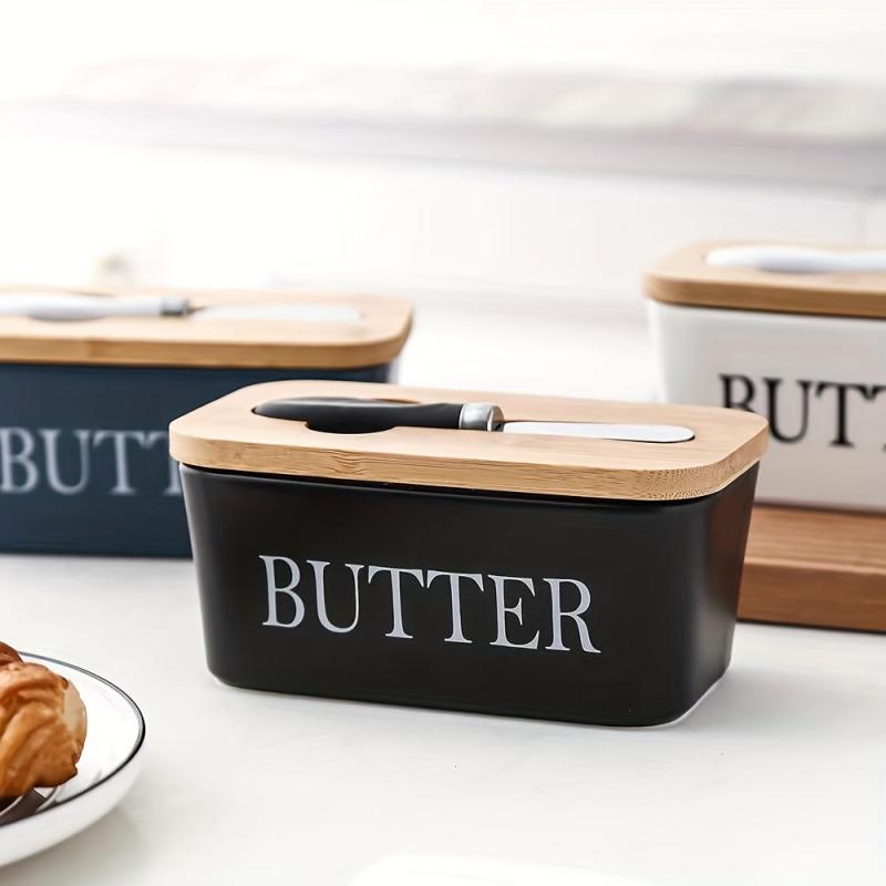 Ceramic Butter Dish With Bamboo Lid - Kitchen Sealed Jar