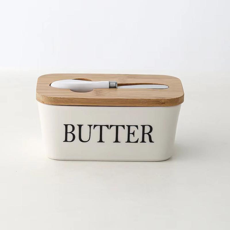 Ceramic Butter Dish With Bamboo Lid - Kitchen Sealed Jar