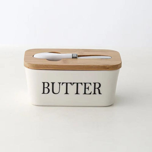 Ceramic Butter Dish With Bamboo Lid - Kitchen Sealed Jar